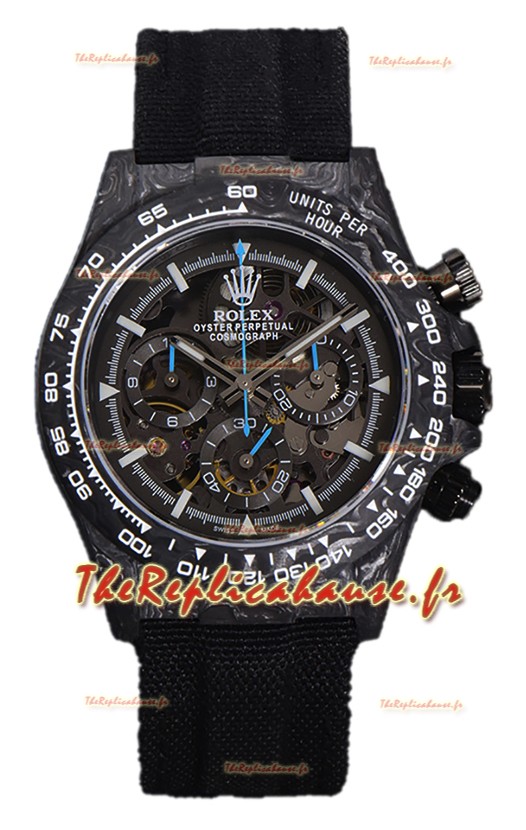 Rolex Daytona DiW Skeleton Carbon Edition Montre Boîtier en carbone forgé Bracelet noir Réplique 1:1
