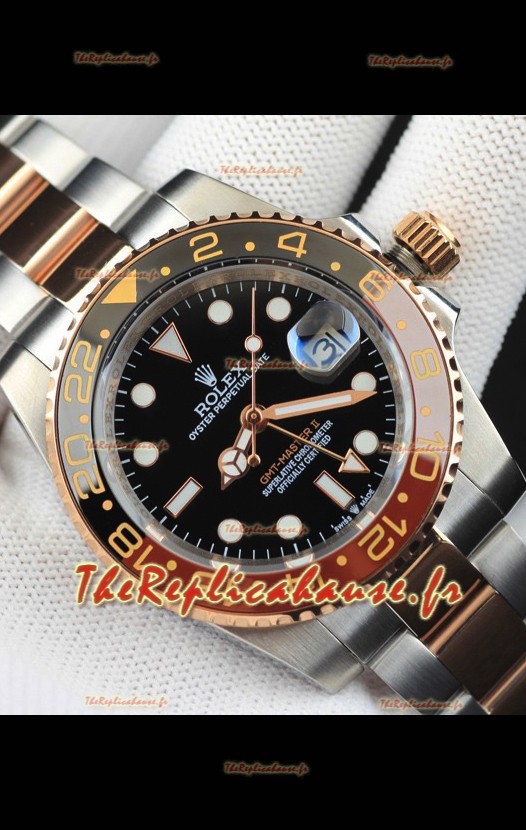 Rolex GMT Master II, réplique japonaise de montre plaquée or rose bicolore à cadran noir