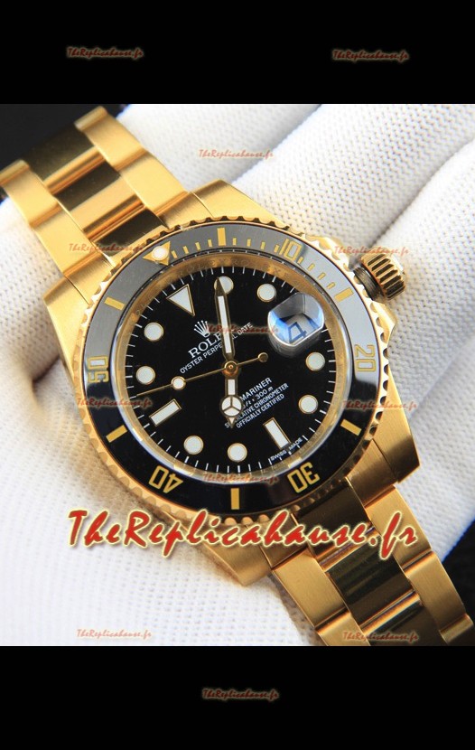 Réplique japonaise de la montre Rolex Submariner, boîtier en or jaune, cadran noir