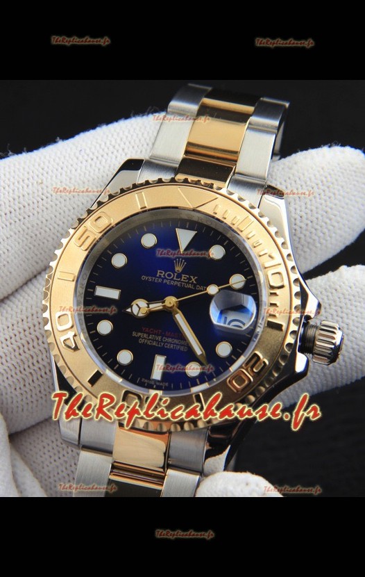 Montre Rolex Yacht-Master à mouvement japonais, boîtier bicolore or et or, cadran bleu, 37 mm