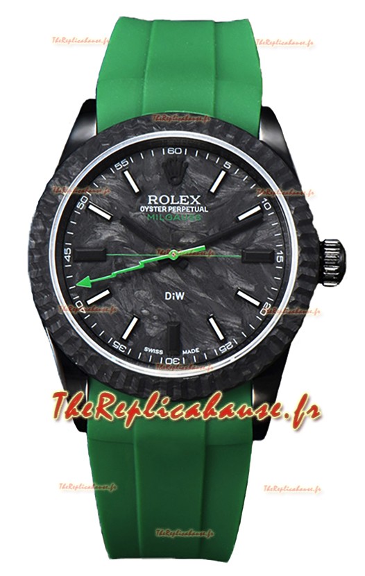 Montre Rolex Milgauss DiW Boîtier carbone noir - Mouvement automatique ETA2836 sur bracelet vert 