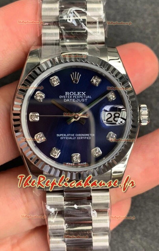 Montre Rolex Datejust 31MM Mouvement ETA-2671 Réplique Suisse en acier 904L et cadran bleu 