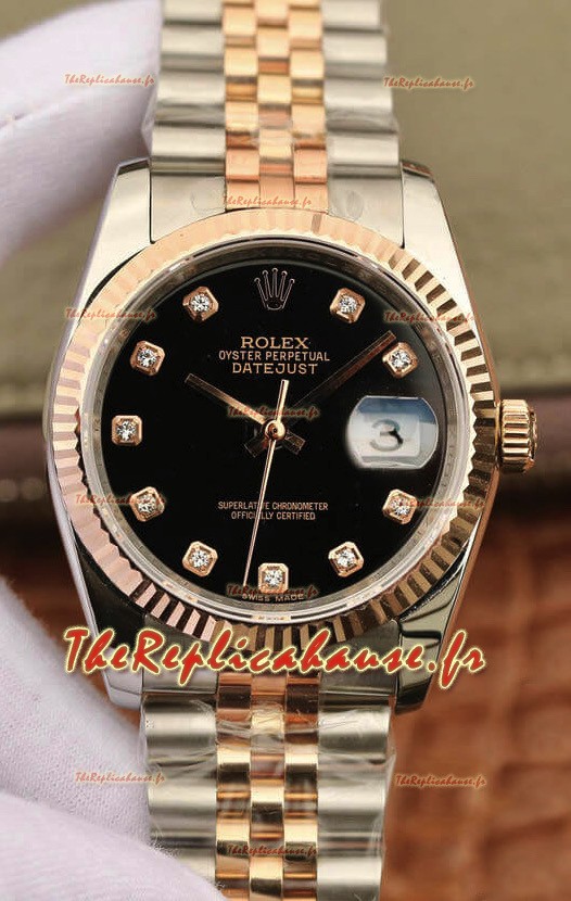 Montre Rolex Datejust 36MM Mouvement ETA-3135 Réplique Suisse en 904L cadran noir bicolore