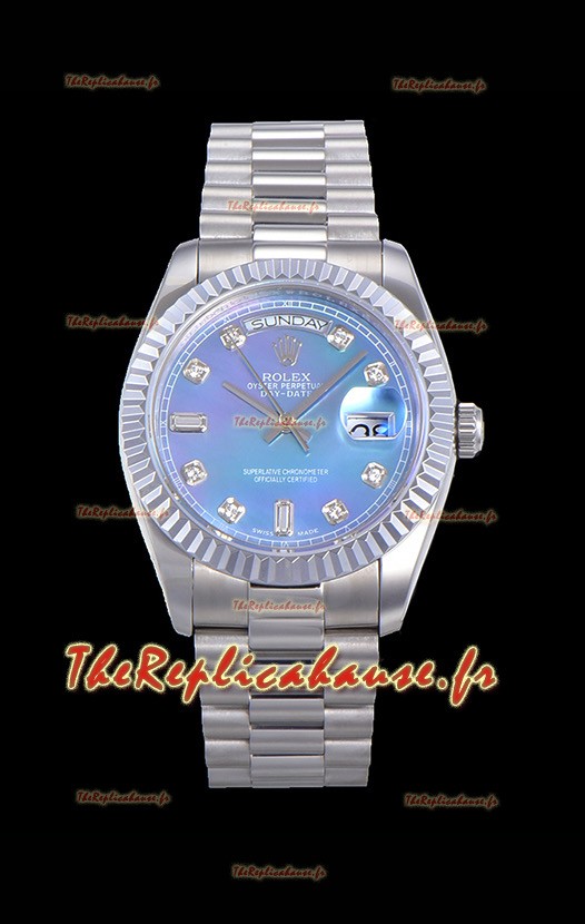 Montre Rolex Day Date à cadran bleu avec diamants Chiffres des heures Mouvement ETA - Acier 904L 