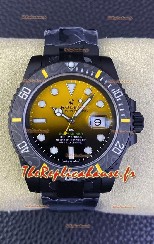 Rolex Submariner DiW Montre édition spéciale avec revêtement DLC Lunette carbone Cadran jaune 