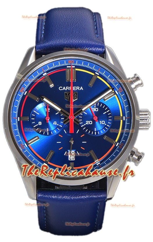 Tag Heuer Carrera Swiss Quartz Movement Réplique Montre cadran bleu - Bracelet cuir bleu