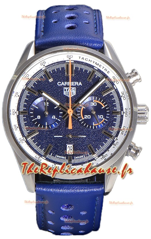 Tag Heuer Carrera Chronograph 43 Swiss Quartz Réplique Montre Cadran Bleu Bracelet Cuir