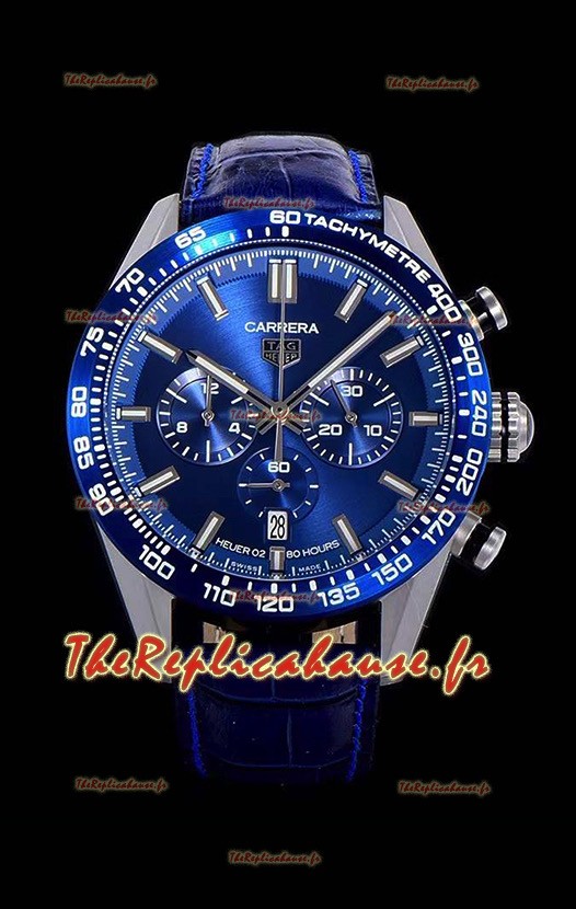Montre Tag Heuer Carrera Swiss Mouvement à Quartz - Montre réplique Cadran bleu - Bracelet cuir bleu