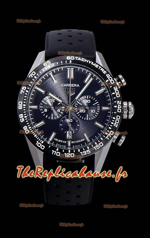 Montre Tag Heuer Carrera Swiss Mouvement à Quartz - Réplique de montre à cadran noir - Bracelet en caoutchouc noir