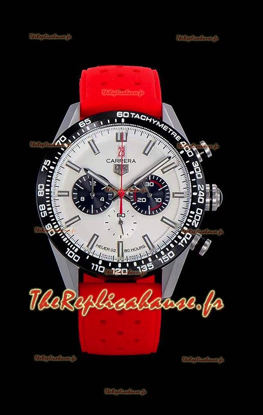Montre Tag Heuer Carrera Swiss Mouvement à Quartz - Cadran Blanc - Bracelet Caoutchouc Rouge