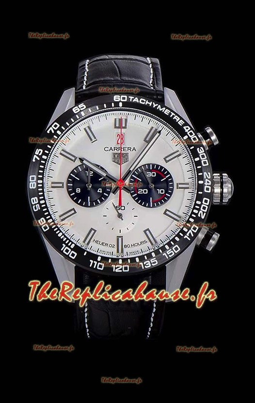 Montre Tag Heuer Carrera Swiss Mouvement à Quartz - Cadran blanc - Bracelet en cuir noir