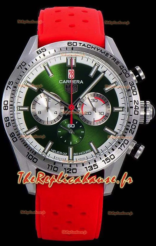 Montre Tag Heuer Carrera Swiss Mouvement à Quartz Réplique de Montre avec cadran vert - Bracelet en caoutchouc rouge