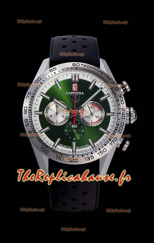 Montre Tag Heuer Carrera Swiss Mouvement à Quartz - Réplique de montre avec cadran vert - Bracelet en caoutchouc noir