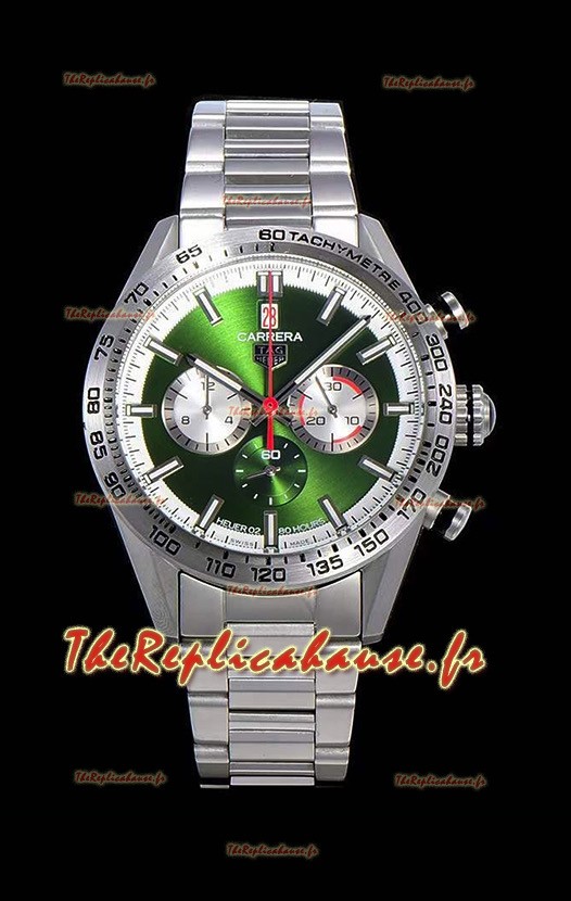 Montre Tag Heuer Carrera Swiss Mouvement à Quartz - Réplique de montre à cadran vert - Bracelet en acier inoxydable