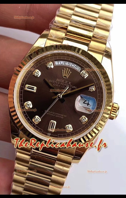 Montre Rolex Day Date 128238 Presidential en or jaune 18 carats 36MM - Cadran brun 1:1 qualité miroir 