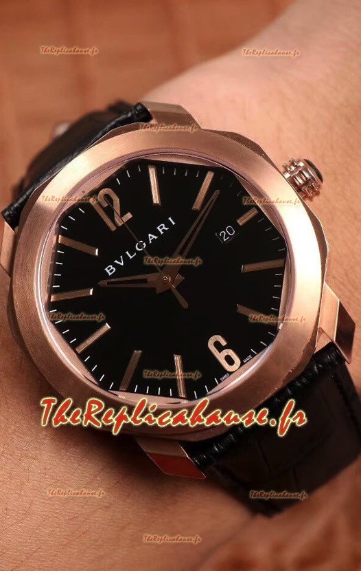 Montre Bvlgari Octo Roma Edition Réplique 1:1 Miroir en or rose - cadran noir 