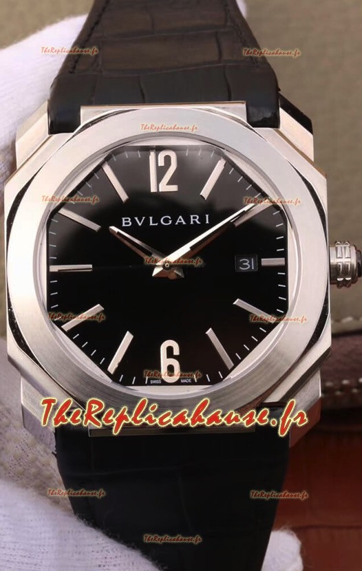 Montre Bvlgari Octo Roma Edition 1:1 Réplique Miroir dans un boîtier en acier 904L - Cadran noir - Bracelet en cuir