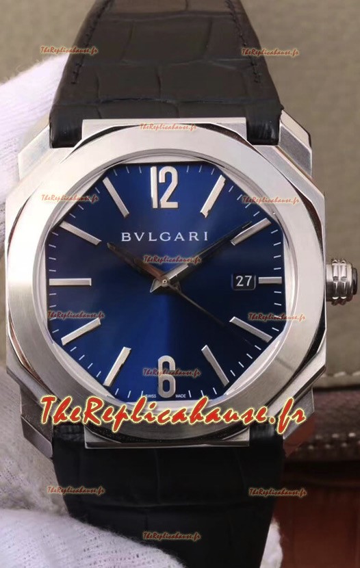 Montre Bvlgari Octo Roma Edition 1:1 Réplique Miroir en Acier 904L - Cadran Bleu Profond Bracelet en Cuir