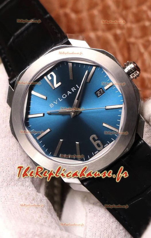 Montre Bvlgari Octo Roma Edition 1:1 Réplique Miroir en Acier 904L - Cadran Bleu Acier - Bracelet Cuir