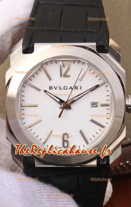 Montre Bvlgari Octo Roma Edition réplique 1:1 dans un boîtier en acier 904L - Cadran blanc - Bracelet en cuir