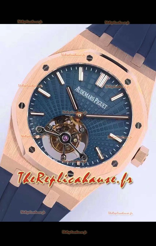 Montre Audemars Piguet Royal Oak Tourbillon 41mm Cadran bleu dans un boîtier en or rose 904L Bracelet en caoutchouc