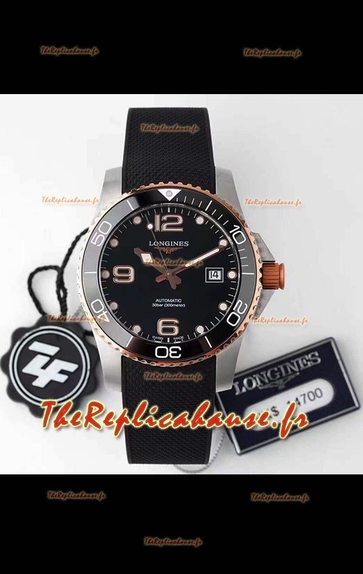 Montre Longines HydroConquest 1:1 Réplique Suisse Montre avec cadran noir, bracelet en caoutchouc et lunette en or rose
