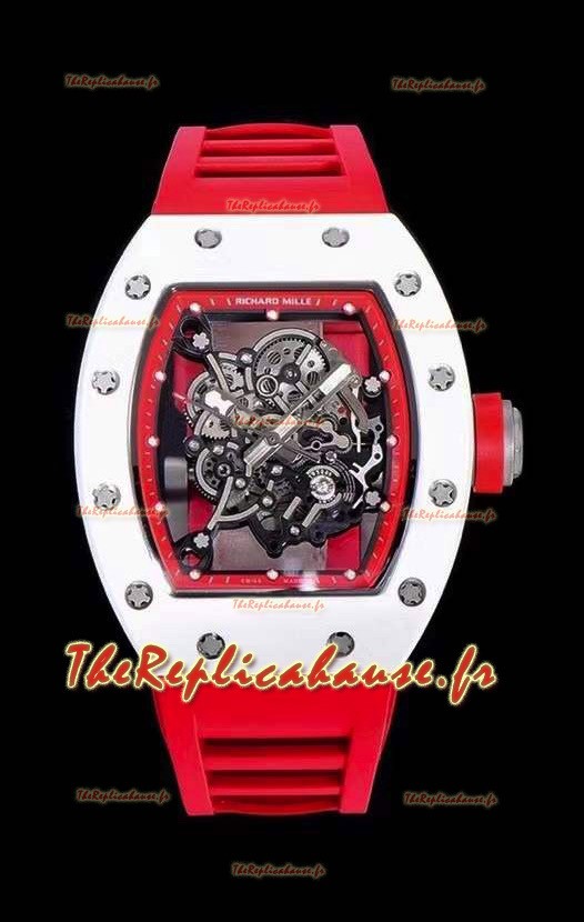 Réplique de la montre Richard Mille RM055 boîtier en céramique miroir 1:1 avec bracelet rouge 