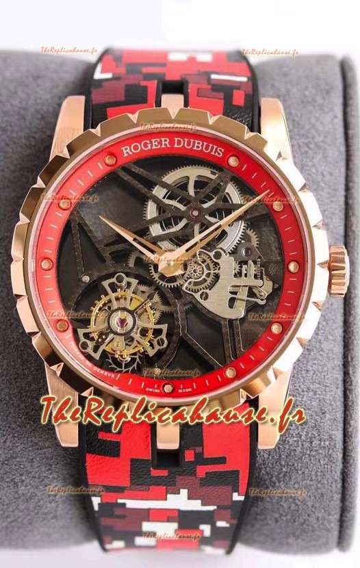 Montre Suisse Roger Dubuis Excalibur Araignée Volante Tourbillon Squelette Boîtier Or Rose Miroir 1:1