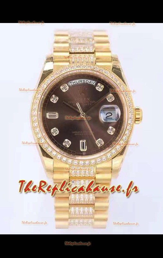 Montre Rolex Day Date Presidential en or jaune 18 carats 36MM - Cadran brun 1:1 qualité miroir 