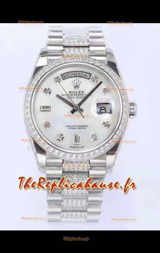 Montre Rolex Day Date Présidentielle 904L Acier 36MM - Cadran Perle Blanche Qualité Miroir 1:1 