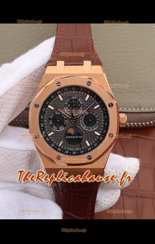 Montre Audemars Piguet Royal Oak Calendrier Perpétuel Réplique Suisse boîtier en or rose avec cadran gris