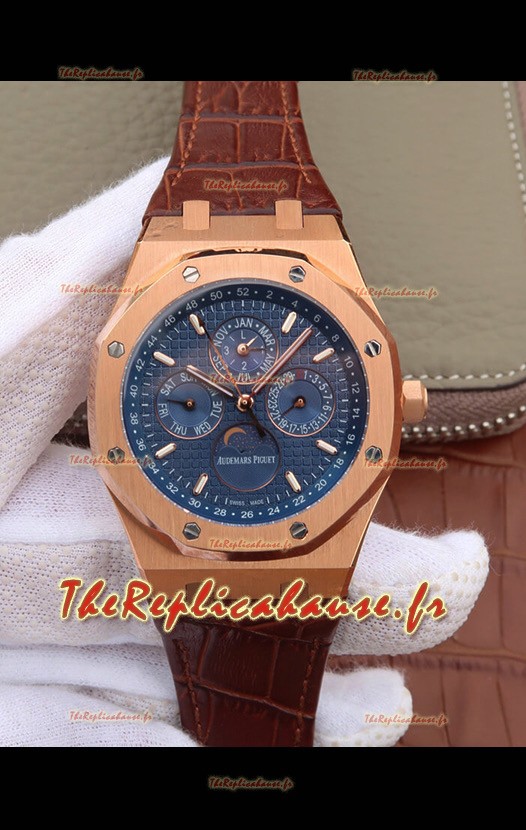 Montre Audemars Piguet Royal Oak Calendrier Perpétuel Réplique Suisse Montre Boîtier Or Rose avec Cadran Bleu