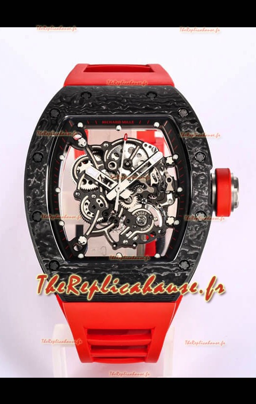 Réplique de Montre Richard Mille RM055 Boîtier Carbone Noir Miroir 1:1 avec bracelet rouge