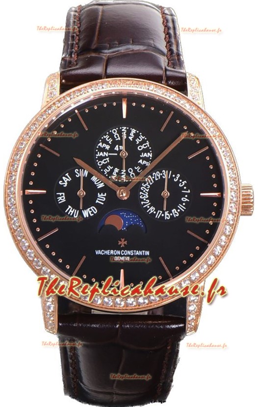 Vacheron Constantin Patrimony Quantième Perpétuel Or Rose Ultra Fin Cadran Noir Réplique Suisse