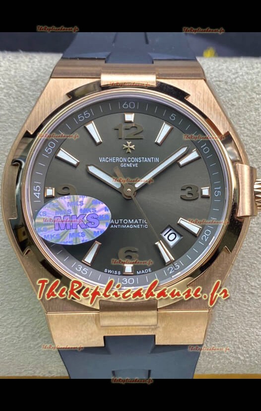 Vacheron Constantin Overseas Réplique montre miroir 1:1 en acier 904L or rose cadran gris - bracelet caoutchouc