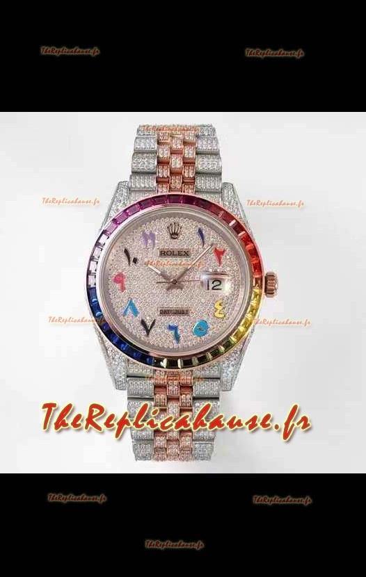 Montre Rolex Datejust Full ICED Out Chiffres Arabes en boîtier 41MM - Mouvement 3135 Or Rose 