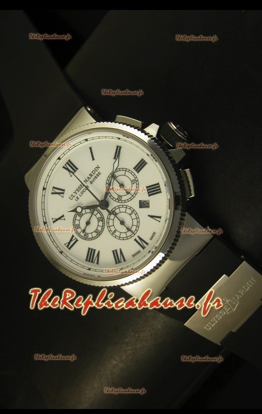 Chronographe Ulysse Nardin Marine avec cadran noir à chiffres romains blancs en acier inoyxdable - Réplique miroir 1:1