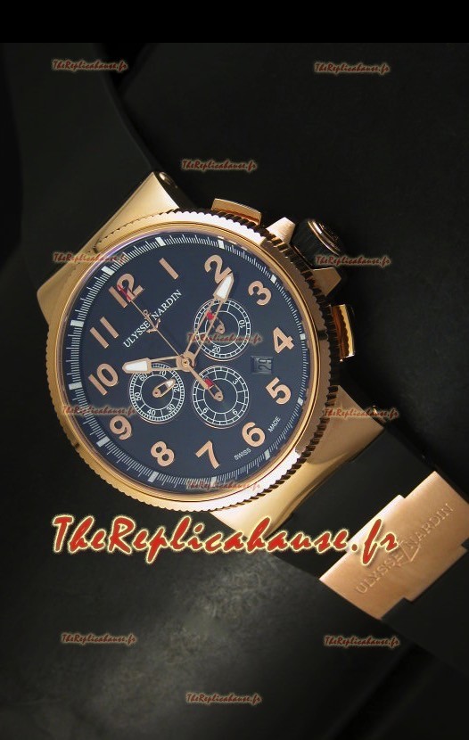 Chronographe Ulysse Nardin Marine avec cadran noir à chiffres arabes noir et or rose - Réplique miroir 1:1