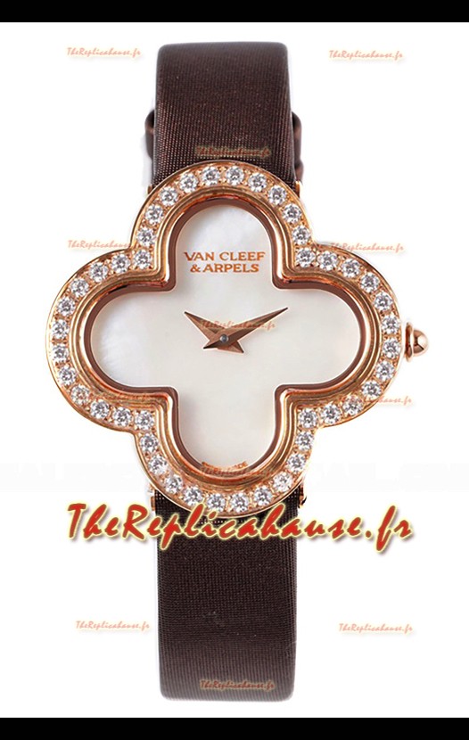 Montre Van Cleef & Arpels Alhambra en or rose et diamants, bracelet noir