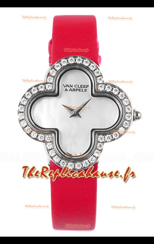 Montre Van Cleef & Arpels Alhambra en acier inoxydable avec lunette sertie de diamants et bracelet rouge