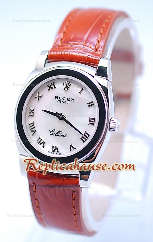 Rolex Cellini Cestello Femmes Swiss Montre Bracelet Marron Face perlée Romaine