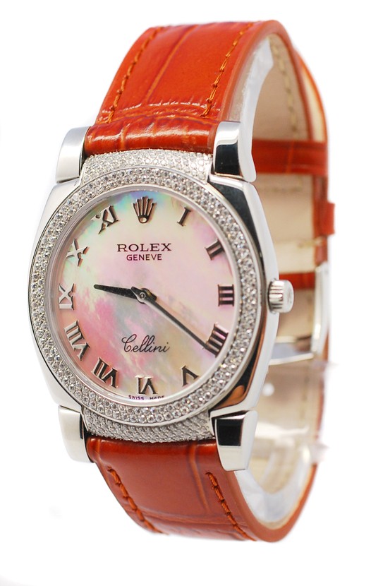 Rolex Cellini Cestello Femmes Swiss Montre Lunette et Crochets de Diamants Bracelet de Cuir Face Romaine de Perle Blanche