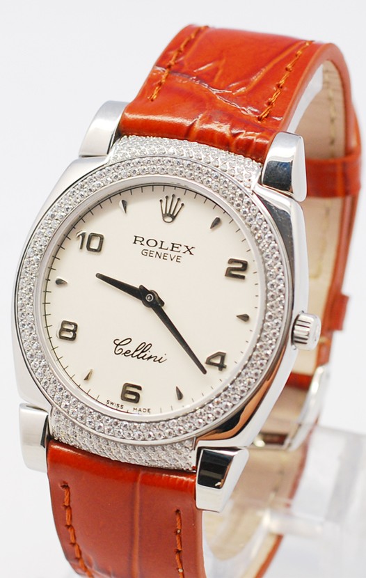 Rolex Cellini Cestello Femmes Swiss Watch White Face Leather Strap Hour, Bezel and Lugs