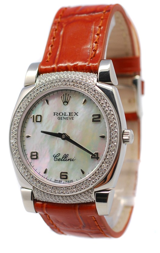 Rolex Cellini Cestello Femmes Swiss Montre Lunette et Crochets de Diamants Bracelet de Cuir Face Romaine Nacrée Beige