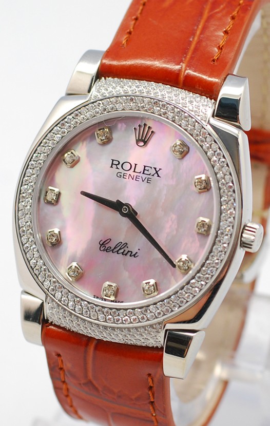 Rolex Cellini Cestello Femmes Swiss Montre Cornes, Lunette et Heure de Diamants, Bracelet de Cuir Face Nacrée Rose