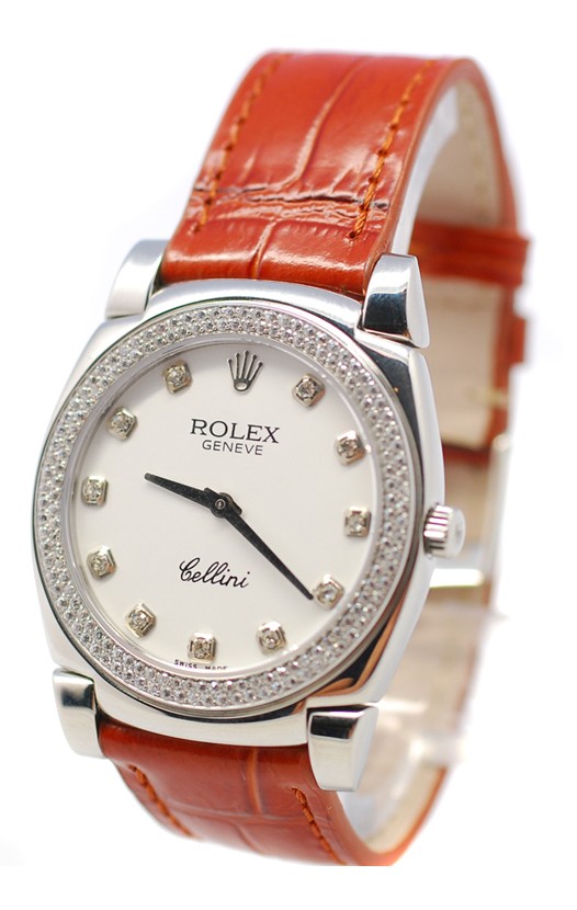 Rolex Cellini Cestello Femmes Swiss Montre Lunette et Index de Diamants Bracelet de Cuir Face Blanche