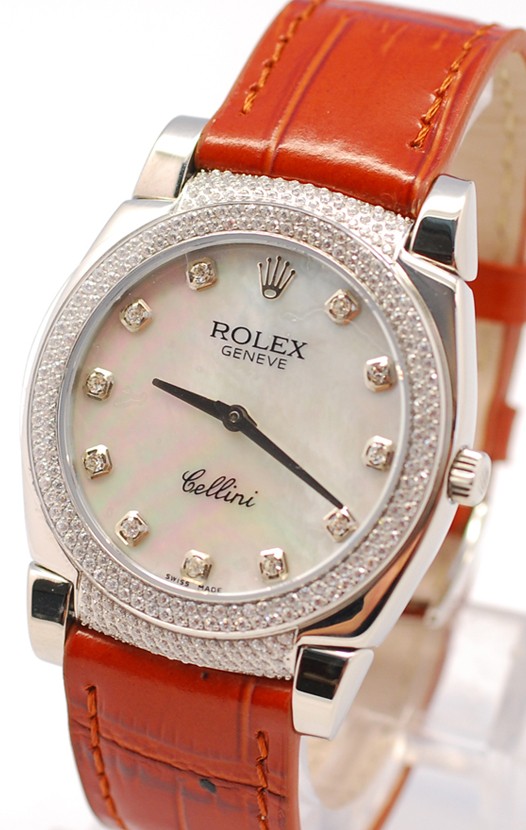 Rolex Cellini Cestello Femmes Swiss Watch White Pearl Face Leather Strap Diamonds Hour, Bezel and Lugs