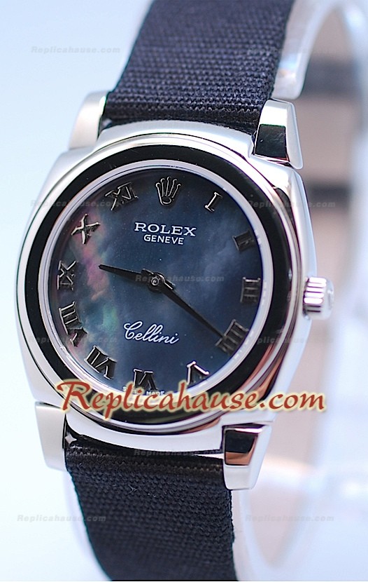 Rolex Cellini Cestello Femmes Swiss Montre Bracelet en Nylon Face Romaine Perle Noire 