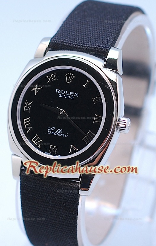 Rolex Cellini Cestello Femmes Swiss Montre Bracelet en Nylon Face Noire Romaine