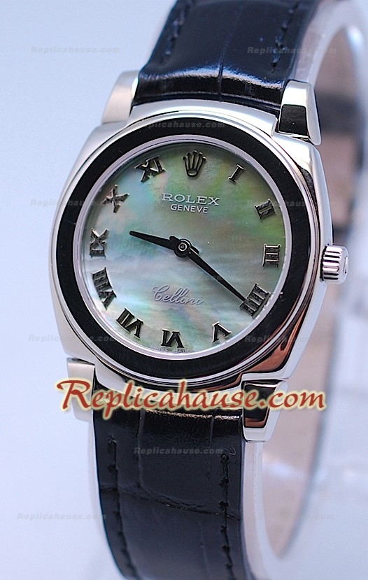 Rolex Cellini Cestello Femmes Swiss Montre Bracelet en Cuir Face Perle Verte